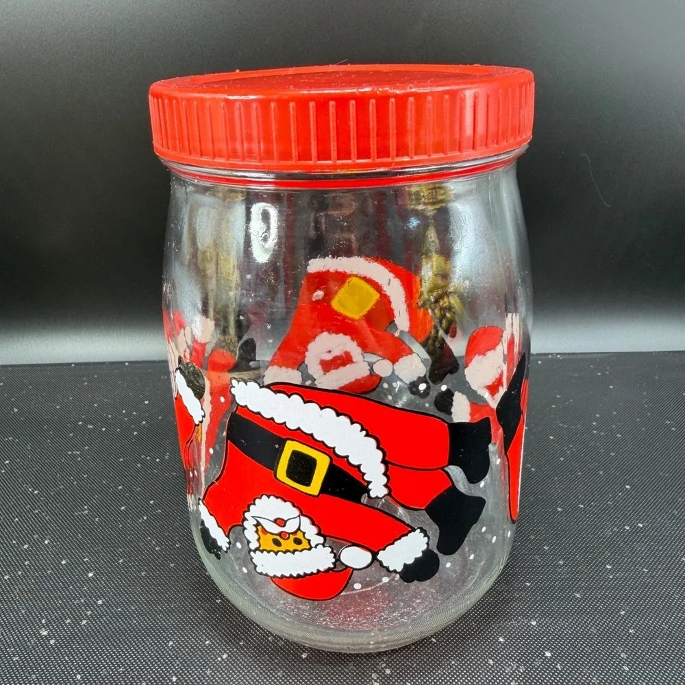 Vintage Santa Claus Glass Cookie Jar Made‎ in France Red Lid Christmas Canister